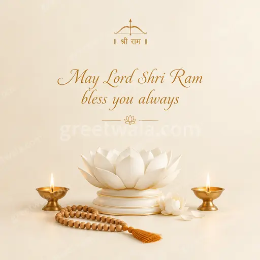 Elegant minimal devotional card displaying May Lord Shri Ram bless you always in serene golden tones with peaceful divine glow.