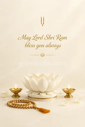 Elegant minimal card with serene saffron-gold tones, diya glow, and text May Lord Shri Ram bless you always.