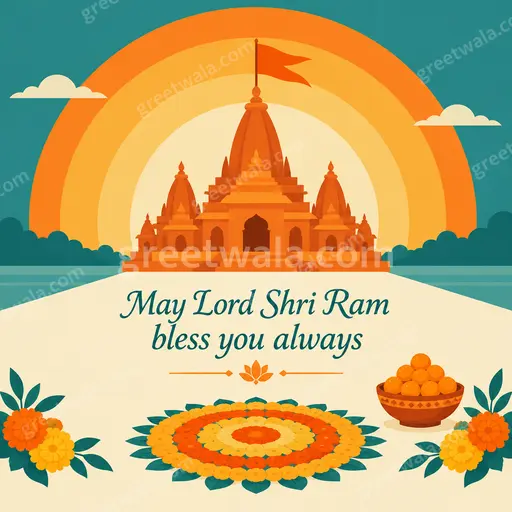 Flat vector blessing card reading May Lord Shri Ram bless you always, serene saffron glow with peaceful temple motifs.