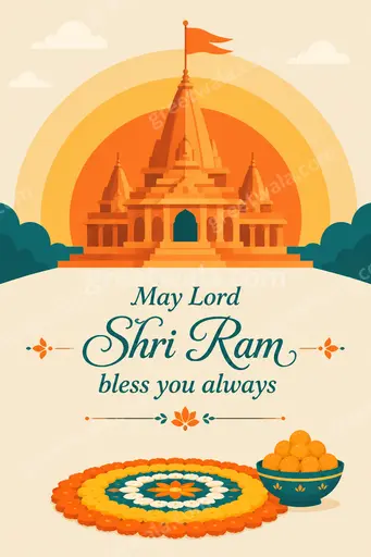 Modern flat vector blessings card reading May Lord Shri Ram bless you always with serene saffron divine glow.