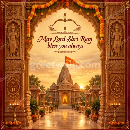Ornate traditional Jai Shri Ram blessing card in warm gold tones with divine light conveying peace, devotion and grace.
