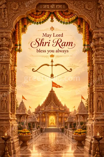 Ornate traditional devotional card with serene golden aura conveying May Lord Shri Ram bless you always.