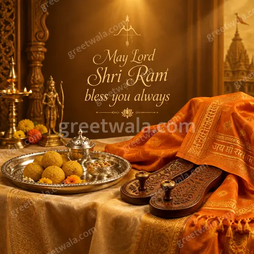 Elegant premium Jai Shri Ram card radiating divine peace, golden light, sacred serenity with blessing message for timeless devotion.