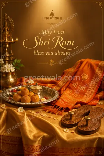 Divine golden card showing Lord Shri Ram with bow in serene glow, inscribed May Lord Shri Ram bless you always.