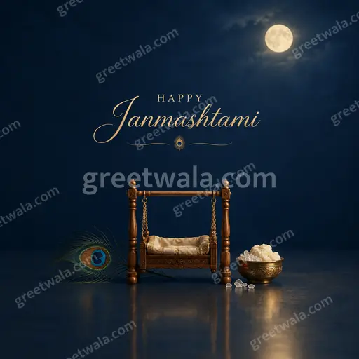 Elegant minimal Janmashtami card with serene Krishna motifs, soft gold accents, and Happy Janmashtami greeting in graceful typography.
