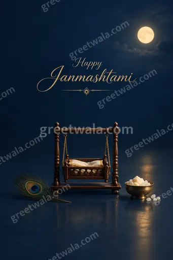 Elegant minimal card with soft blue tones, peacock feather and flute motif conveying serene devotion for Happy Janmashtami.