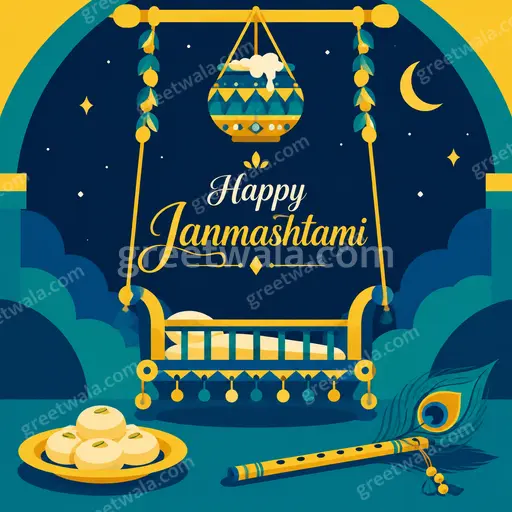 Cheerful modern flat vector card displaying Happy Janmashtami with peacock feathers, flute, and joyful devotional blues.