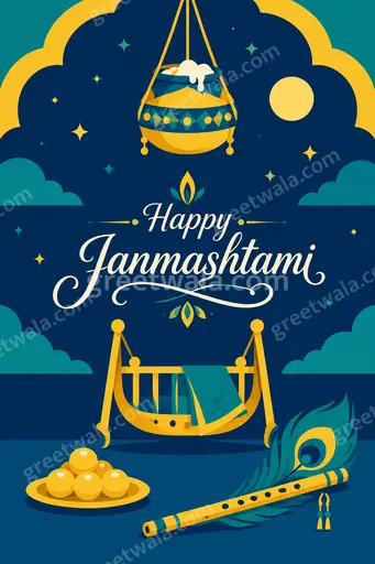 Cheerful flat vector card with playful Krishna motifs, peacock feathers and festive lights wishing Happy Janmashtami with joy.
