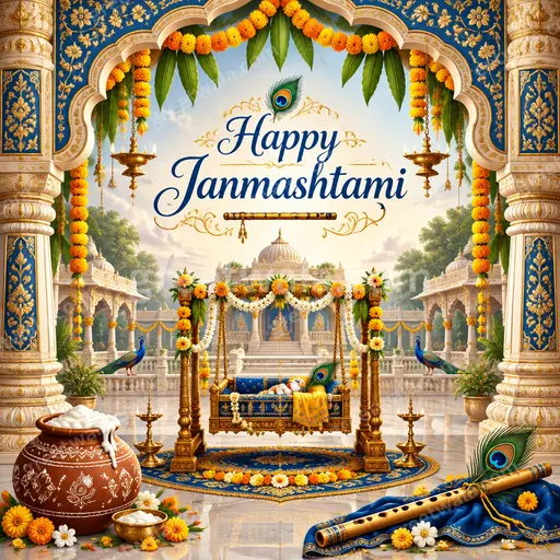 Ornate traditional card with divine blue hues, peacock feathers, and Happy Janmashtami greeting in elegant festive style.