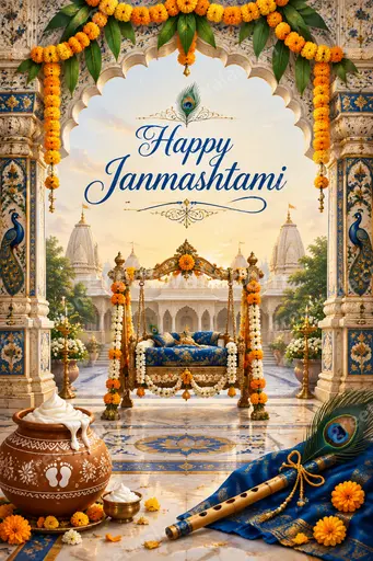 Ornate traditional card glowing with divine blues and golds, radiating joyful devotion for a blessed Happy Janmashtami celebration.