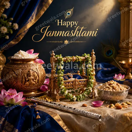 Premium Krishna Janmashtami card featuring 'Happy Janmashtami' text amid divine blue glow, flute, peacock feather and joyful devotion.