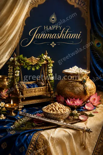 Elegant midnight-blue premium card with glowing peacock feather, flute and butter pot celebrating Happy Janmashtami in radiant gold.