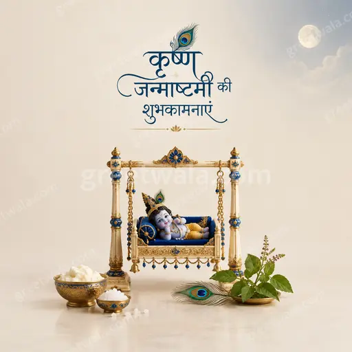 Elegant minimal Krishna Janmashtami card in Hindi with deep blue gold peacock feather flute evoking serene divine festive bliss.