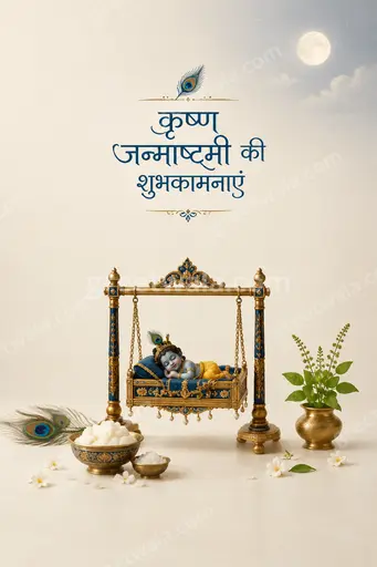 Elegant minimal Hindi card displaying कृष्ण जन्माष्टमी की शुभकामनाएं with serene peacock feather, flute motifs and soft divine glow.