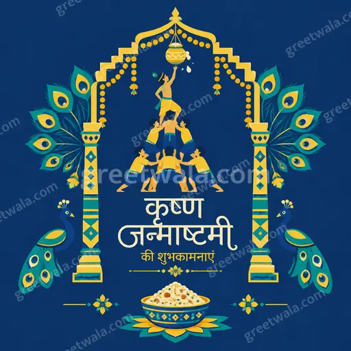 Modern flat vector card with joyful Krishna motifs in blue and gold displaying कृष्ण जन्माष्टमी की शुभकामनाएं elegantly.