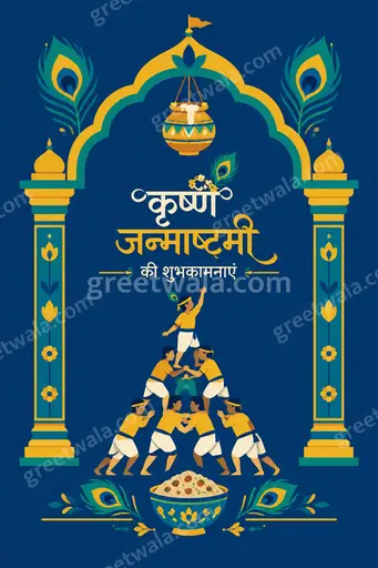 Modern flat vector Hindi card reading 'कृष्ण जन्माष्टमी की शुभकामनाएं' with Krishna motifs, joyful festive devotional mood.