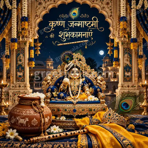 Ornate traditional Hindi Janmashtami card displaying 'कृष्ण जन्माष्टमी की शुभकामनाएं' with divine flute, peacock feather, festive glow.