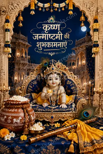 Ornate traditional Janmashtami card in deep blues and gold with divine glow wishing कृष्ण जन्माष्टमी की शुभकामनाएं joyfully.