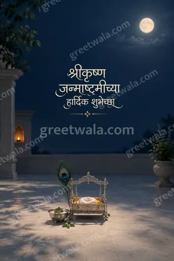 Elegant minimal Janmashtami card with serene blue-gold tones, peacock feather, flute, and Marathi greeting in graceful festive style.