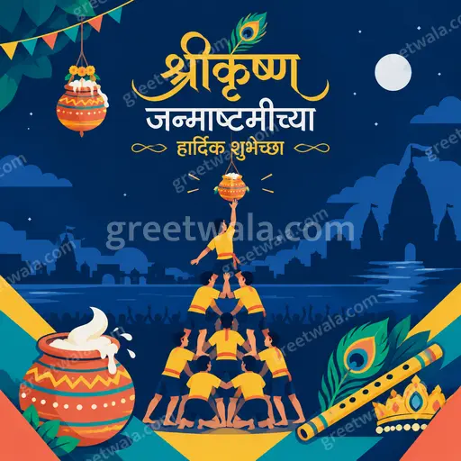 Modern flat vector card featuring श्रीकृष्ण जन्माष्टमीच्या हार्दिक शुभेच्छा in gold, festive blue devotional joyful elegant mood.