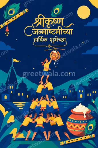 Modern flat vector Janmashtami card with joyful peacock-blue tones, flute and peacock feather motifs, displaying Marathi greeting warmly.