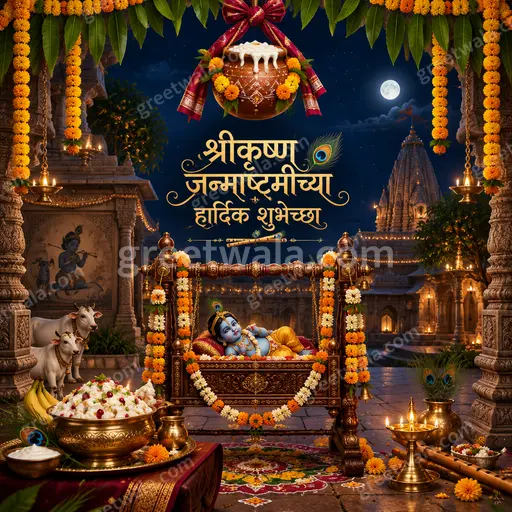Ornate traditional Janmashtami card glowing with divine blues, peacock motifs and festive Marathi greetings radiating joyful devotion.