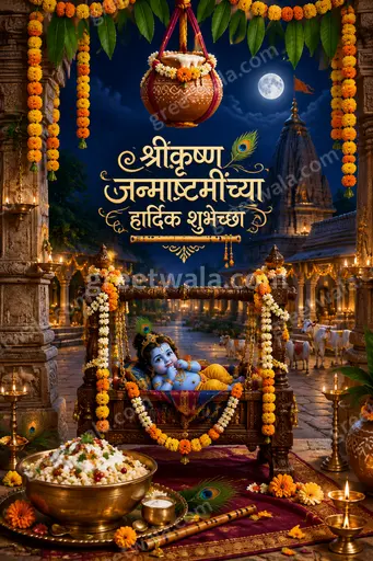 Ornate traditional Marathi Krishna Janmashtami card displaying 'श्रीकृष्ण जन्माष्टमीच्या हार्दिक शुभेच्छा' with divine festive glow.