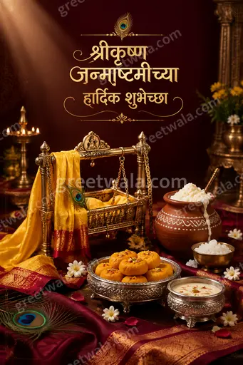 Premium Marathi Janmashtami card displaying 'श्रीकृष्ण जन्माष्टमीच्या हार्दिक शुभेच्छा' with divine flute, peacock feather and festive glow.