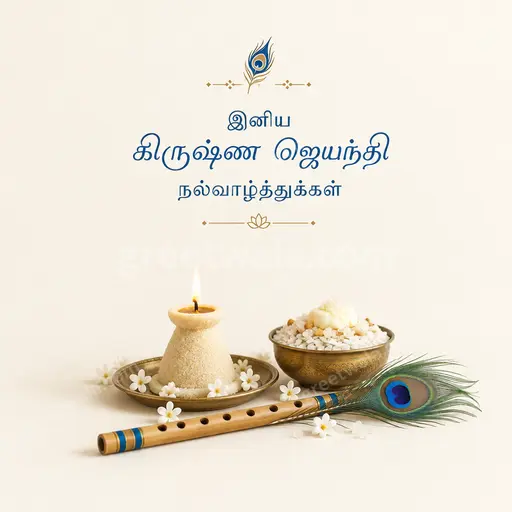 Elegant minimal Tamil Krishna Janmashtami card with tranquil blue gold palette, serene sacred festive elegance.