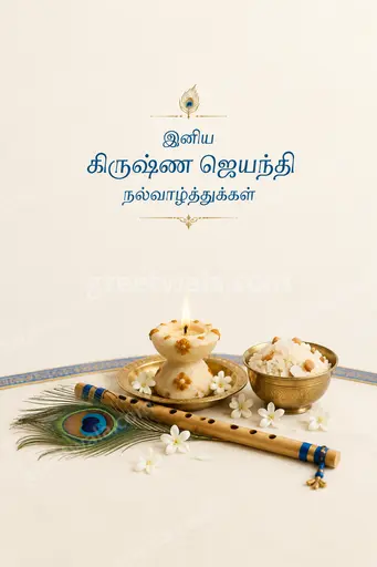 Elegant minimal Tamil card displaying 'இனிய கிருஷ்ண ஜெயந்தி நல்வாழ்த்துக்கள்' with peacock feather, flute in serene divine blue style.