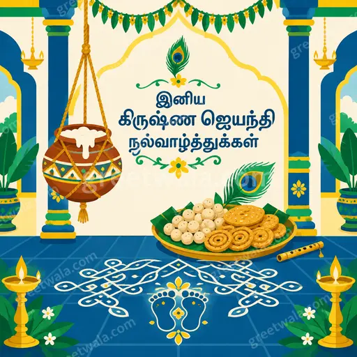 Modern flat vector Krishna Janmashtami card displaying 'இனிய கிருஷ்ண ஜெயந்தி நல்வாழ்த்துக்கள்' with joyful divine festive charm.
