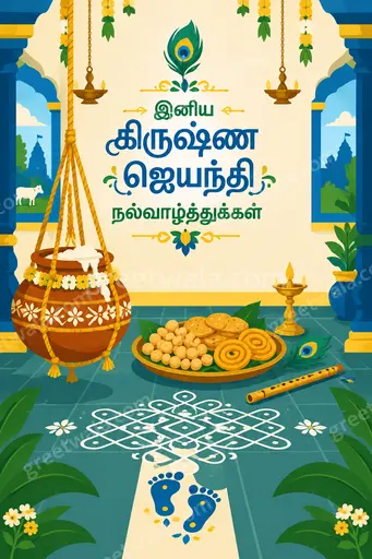 Cheerful modern flat-vector Janmashtami card with baby Krishna, peacock feather and butter pot, displaying Tamil festive wishes.