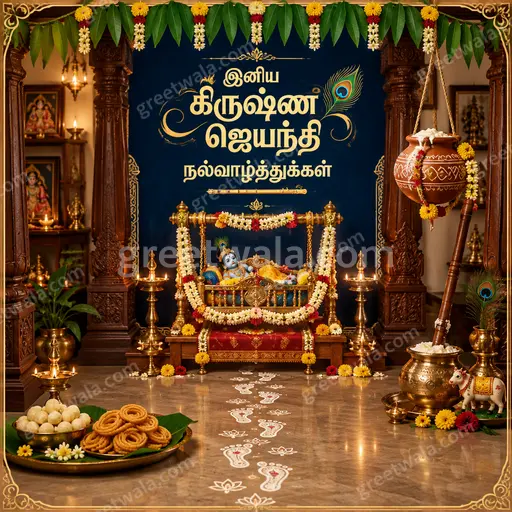 Ornate traditional Janmashtami card with divine Krishna motifs, peacock feathers, glowing diyas, festive devotional Tamil celebration mood.