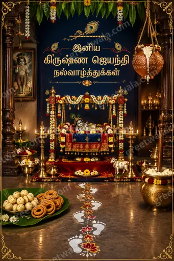 Ornate traditional Krishna Janmashtami card in rich blues and gold, radiating devotional joy and festive Tamil elegance.
