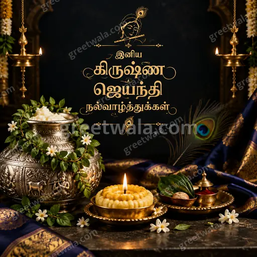 Premium Tamil Janmashtami showcase card in divine midnight blues and gold, radiating joyful devotion and festive grace.