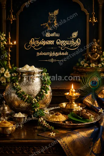 Premium Tamil Krishna Janmashtami card with radiant peacock-blue aura, flute motifs, conveying divine festive joy.