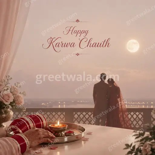Elegant minimal card displaying Happy Karwa Chauth with moonlit glow, diya and sieve motifs in soft tones.