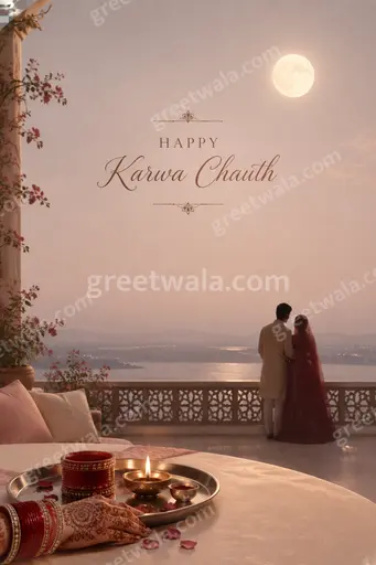 Elegant minimal Karwa Chauth card with moon, diya and sieve motifs in soft gold and maroon saying Happy Karwa Chauth.