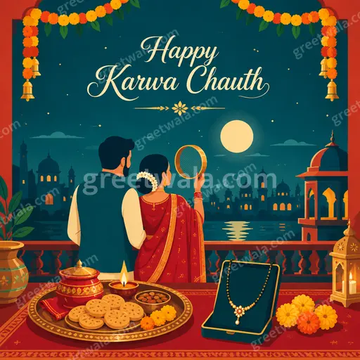 Modern flat vector card with festive elegant mood, featuring Happy Karwa Chauth text in stylish decorative design.