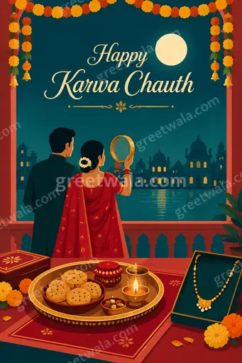 Modern flat vector card showing Happy Karwa Chauth with romantic moonlit festive elegant warm tones.