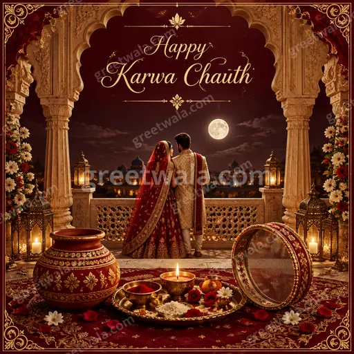 Ornate traditional Happy Karwa Chauth card with glowing diyas, moon, elegant festive red gold devotional mood.
