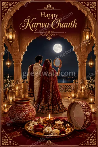 Ornate traditional Karwa Chauth greeting card with festive motifs and elegant warm tones wishing Happy Karwa Chauth.