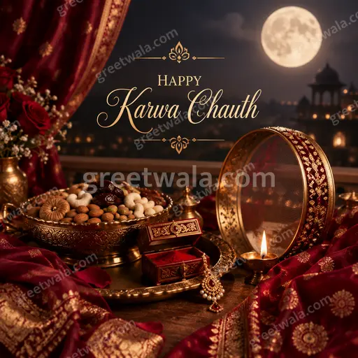 Elegant premium Karwa Chauth card displaying 'Happy Karwa Chauth' with moonlit romantic festive traditional Indian charm.