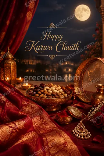 Premium moonlit card featuring 'Happy Karwa Chauth' text with elegant diya, sieve, red-gold tones evoking love and devotion.
