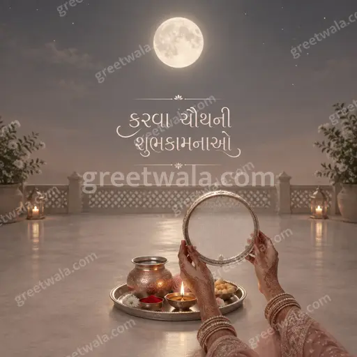 Elegant minimal Karwa Chauth card in soft moonlit tones displaying કરવા ચૌથની શુભકામનાઓ with graceful festive serenity.