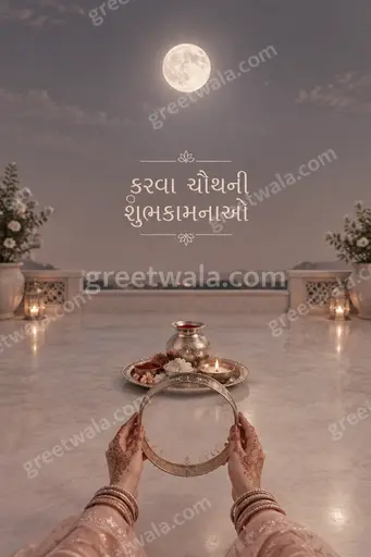 Elegant minimal Karwa Chauth card displaying Gujarati wishes with moonlit serenity, soft diyas and graceful calm.