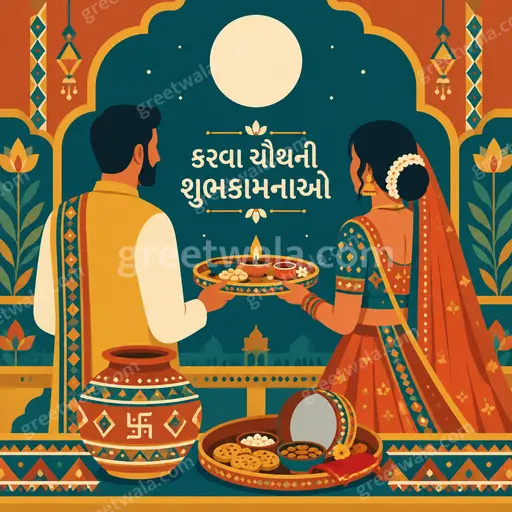 Modern flat vector Karwa Chauth card with glowing moon, diya and elegant traditional motifs in warm festive tones.