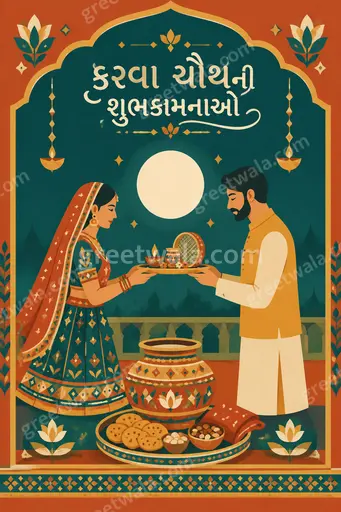 Modern flat vector Karwa Chauth card in warm festive tones displaying કરવા ચૌથની શુભકામનાઓ with elegant moonlit charm.