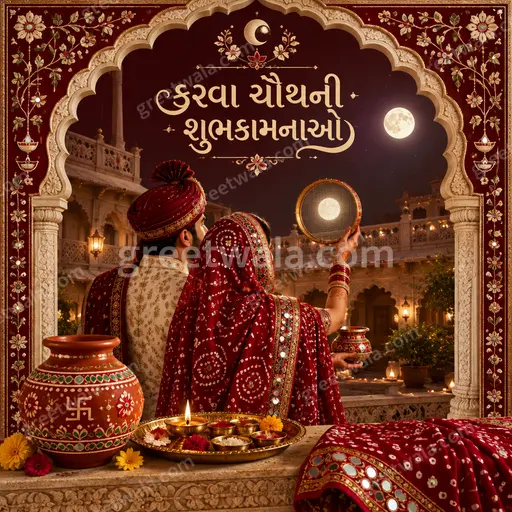 Ornate traditional Karwa Chauth card with glowing diyas, moonlit elegance, festive warmth displaying કરવા ચૌથની શુભકામનાઓ gracefully.