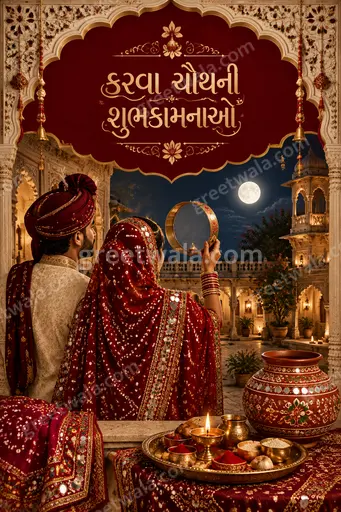 Ornate traditional Karwa Chauth greeting card in warm festive tones displaying કરવા ચૌથની શુભકામનાઓ with elegant moonlit decoration.